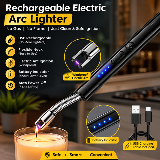 Rechargeable electric arc lighter with flexible neck for kitchen and candle use